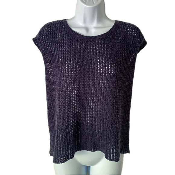 Eileen Fisher Navy Crochet Knit Split Back Top Organic Linen Cotton Blend XL - Picture 2 of 13